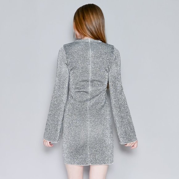704. GOOD AMERICAN Bell-Sleeve Silver Metallic Sparkle Mini Dress Sz XS - Picture 3 of 7